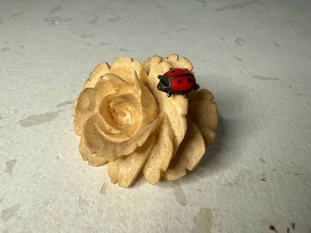 VTG Carved Rose Floral Brooch Enamel Ladybug Cottagecore Whimsical Whimsigoth